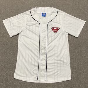 Superman Jersey Adult M White Striped Baseball Embroidered Logo DCT Shirt